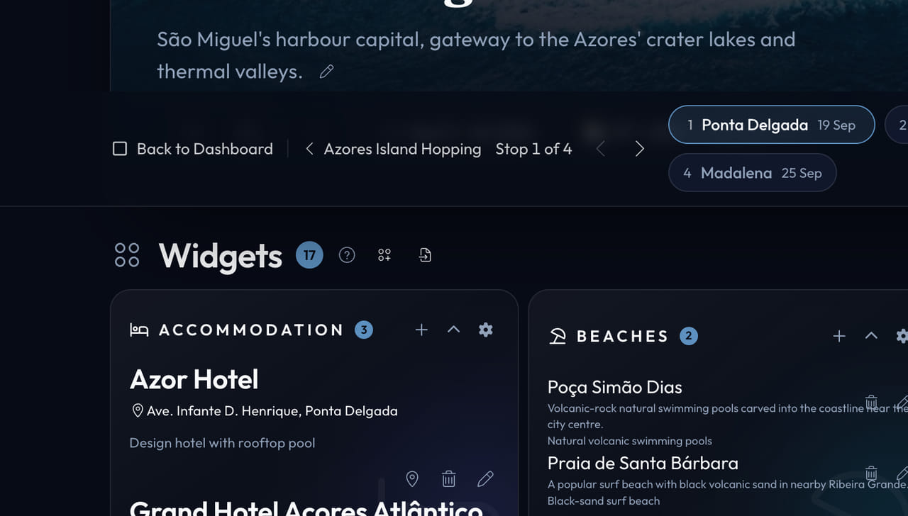 Curated Ponta Delgada picks sorted into categories like Accommodation and Beaches, each place with an address and a one-line note